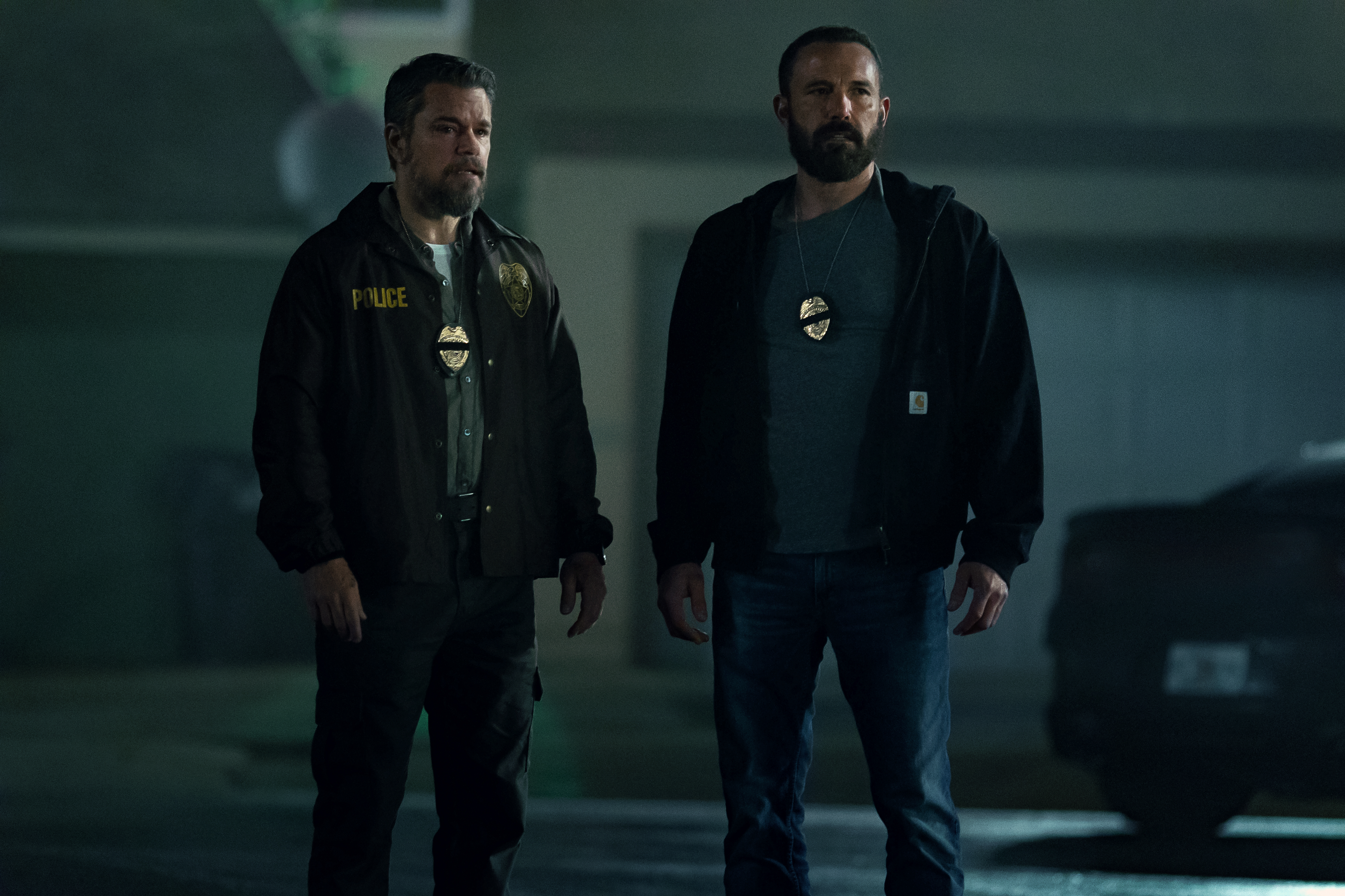 THE RIP. (L to R) Matt Damon as Lieutenant Dane Dumars and Ben Affleck as Det Sergeant J.D. Byrne  in The Rip. Cr. Warrick Page/Netflix © 2025.