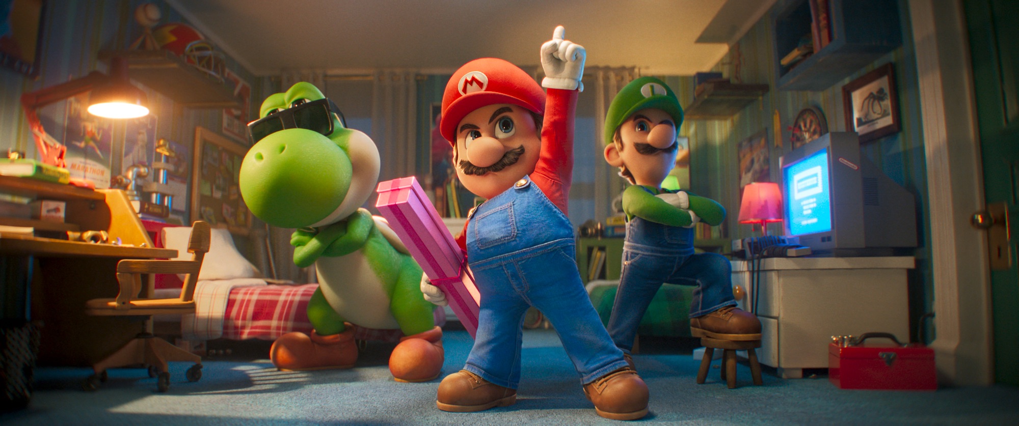 L to R: Yoshi (Donald Glover), Mario (Chris Pratt) and Luigi (Charlie Day) in Nintendo and Illumination’s The Super Mario Galaxy Movie, directed by Aaron Horvath and Michael Jelenic.
