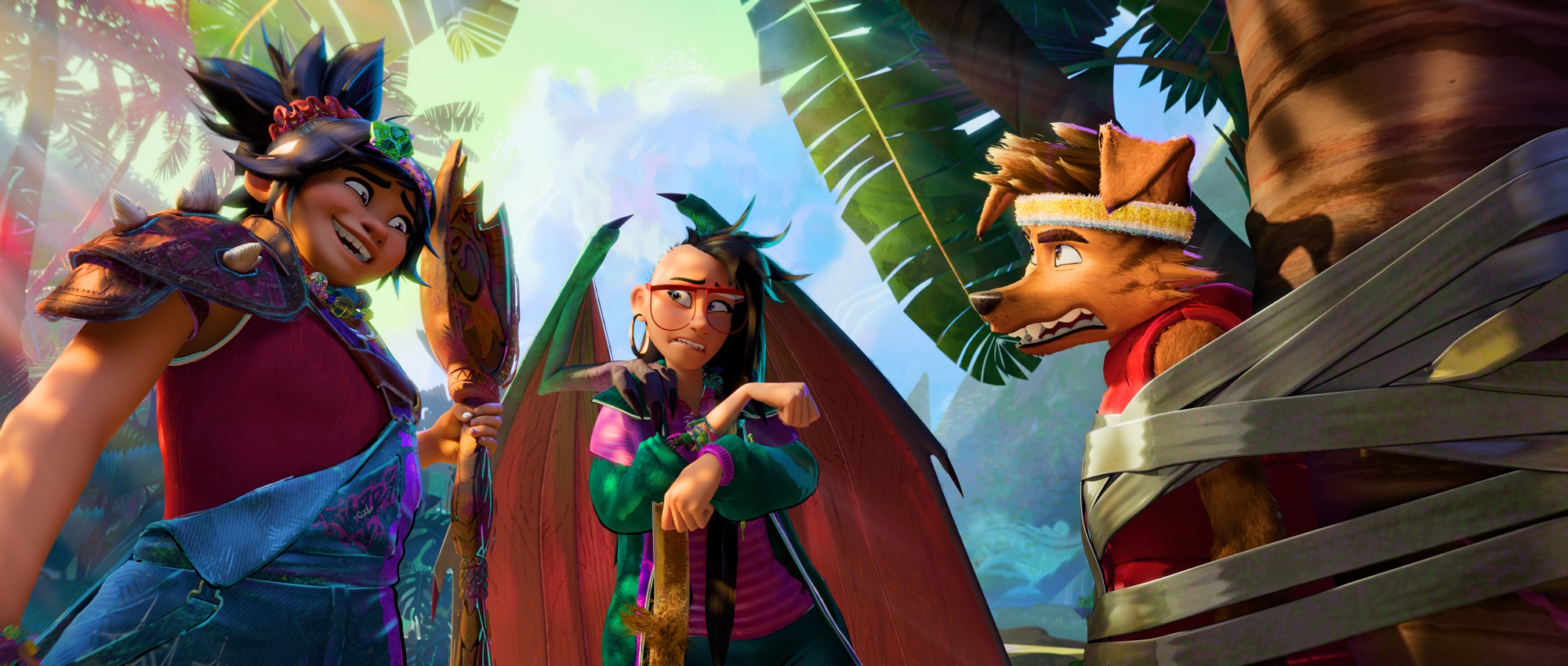 (from left) Jo (H.E.R.), Raissa (Liza Soberano), and Raww (Dave Franco) in DreamWorks Animation’s Forgotten Island, directed by Joel Crawford and Januel Mercado.